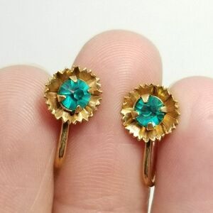 Vintage Gold Filled Blue Green Rhinestone B+N Signed Clip On Screw Back Earrings